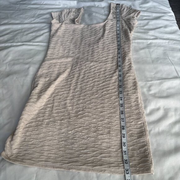 Free People Textured Beaded Scoop Neck Mini Dress Light Beige Short Sleeve - Picture 9 of 11